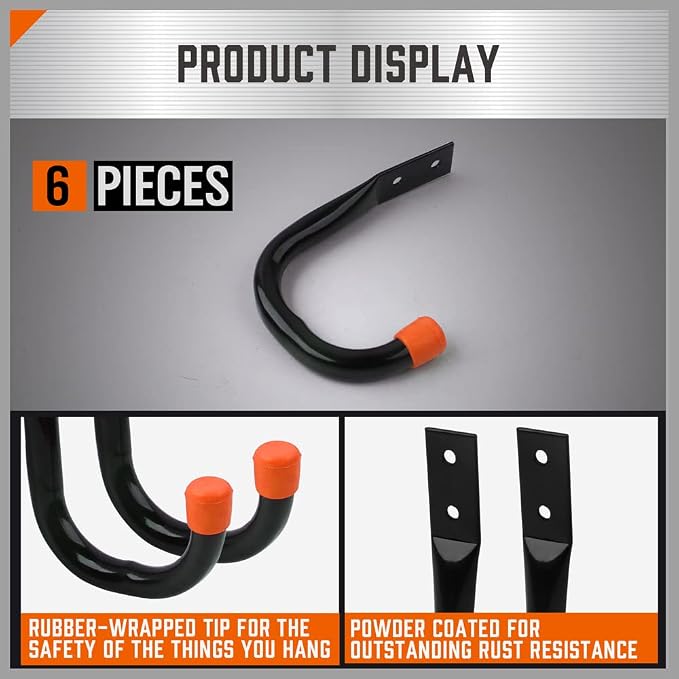 HORUSDY 12-Pack Heavy Duty Metal Wall Hooks, Large Garage Storage & Organization Hooks for Tools, Extension Cords, Ladders, and Bags, Wall Mount J Hooks for Indoor Outdoor Use, Black