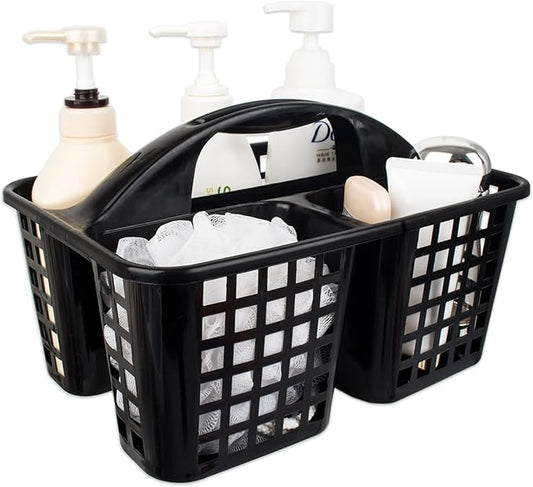 Portable Shower Caddy Basket Plastic Storage Basket with Compartments Black | Sturdy Large Capacity Cleaning Supplies Organizer Divided Tool Bin for Bathroom Kitchen Bedroom College Dorm Essentials
