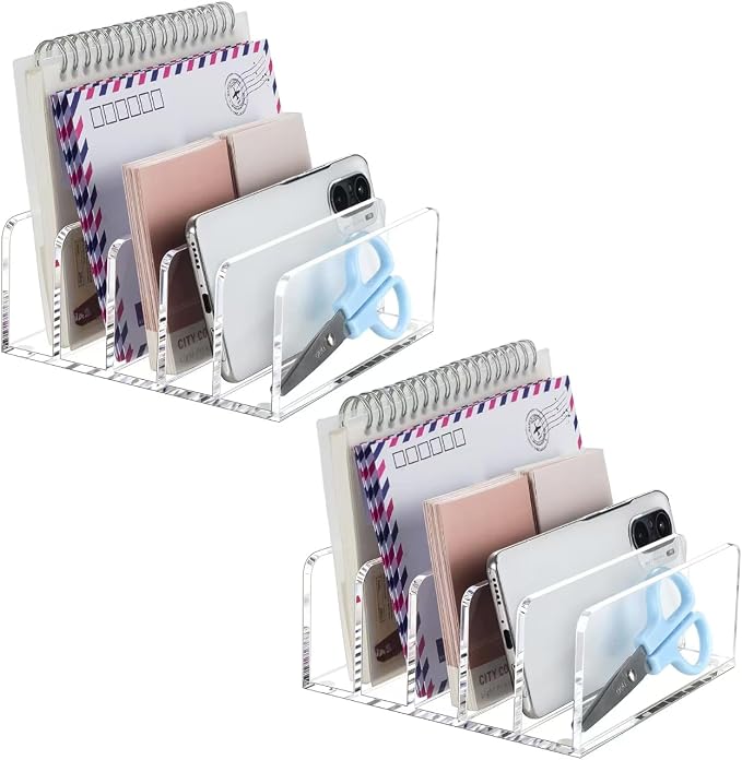 BEYGORM Acrylic Mail Holder, 5 Compartments Multifunction Desk Organizer | Clear Vertical Letter Sorter with Dividers, Modern Office & Home Storage for Bills, Documents & Folders(2 Pack)