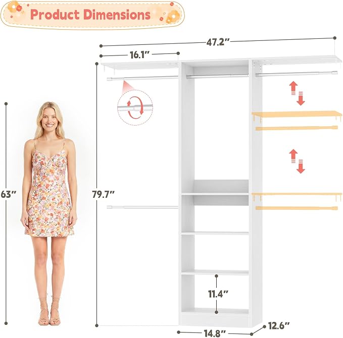 48" Small Closet System, Space-Saving Wall-Mounted Wardrobe Organizer, Mini Garment Rack for Narrow Spaces, Morning Outfit Prep Station & Nursery Dress-up Storage, White