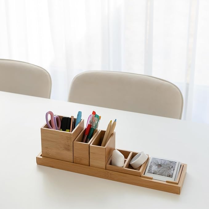 Bamboo Vanity Tray Set, 6-Piece Bathroom Organizer for Small Items | 14.9-Inch Long, Modular 6-Piece Set for Makeup, Jewelry and Small Items on Bathroom, Kitchen or Desk Counters