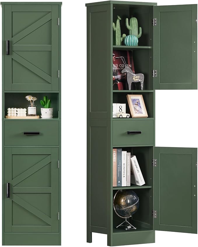 67" H Tall Bathroom Storage Cabinet with Barn Doors and Drawer, Narrow Bathroom Cabinet, Narrow Storage Unit, Adjustable Shelves, Floor Cabinets for Living Room, Forest Green