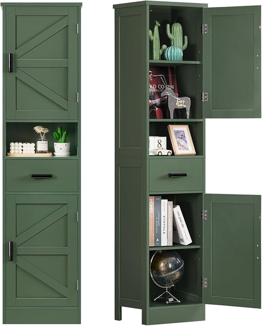 67" H Tall Bathroom Storage Cabinet with Barn Doors and Drawer, Narrow Bathroom Cabinet, Narrow Storage Unit, Adjustable Shelves, Floor Cabinets for Living Room, Forest Green