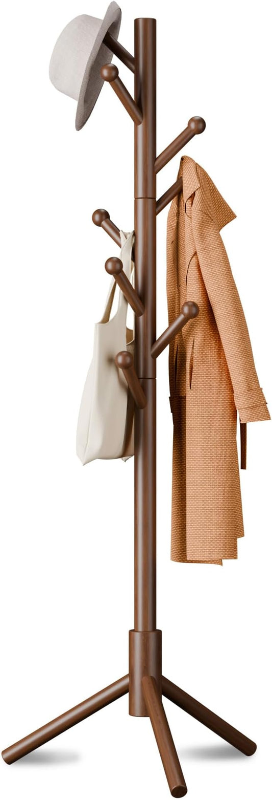 8-Hook Freestanding Coat Rack 3 Heights Safe Round Tips Brown | Smooth Round Tips Prevent Slipping,Tool-Free Assembly,Holds Clothes Hats Handbags,Ideal for Entryway Bedroom Hallway Office