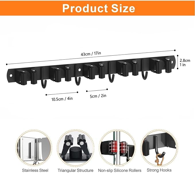 CUXIXA Mop and Broom Holder Wall Mount, Upgraded Broom Organizer Wall Mount, Stainless Steel Broom Hanger Wall Mount for Home Kitchen Garden Laundry Garage (5 Racks with 4 Hooks Black)
