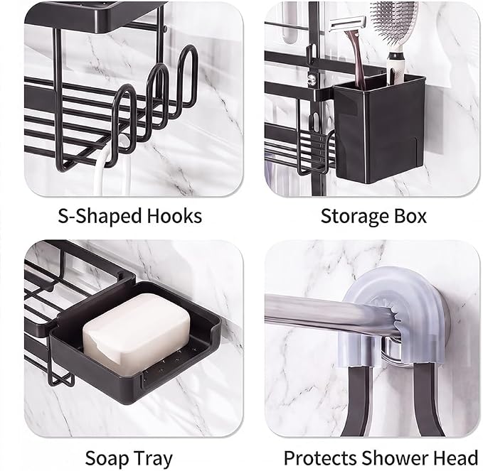 Shower Caddy Hanging for Handheld Showerheads, Adjustable Shower Organizer | Rustproof Bathroom Shelf Fits Handheld & Fixed Shower Heads, 12 Hooks, Soap & Toothbrush Holder, No-Drill Installation, Black
