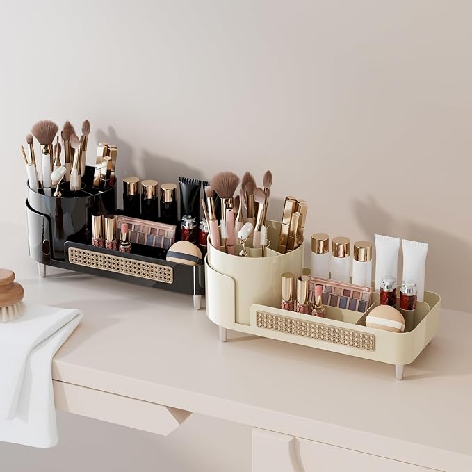Booklov Rotating Makeup Organizer for Vanity Countertop, Coffee | Plastic Cosmetic Display Case, Large Beauty Brush Holder for Bathroom Counter, Skin Care Perfumes Storage