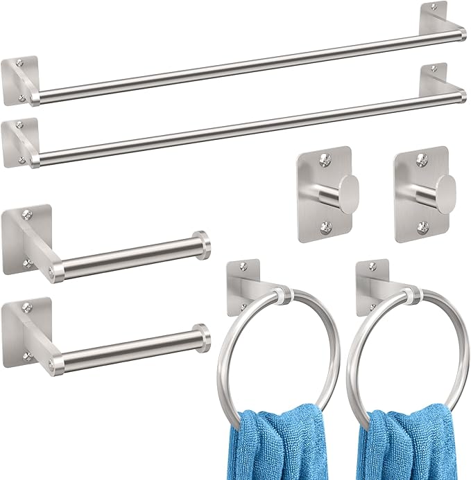 KLJKPA 8-Piece Brushed Nickel Bathroom Hardware Set, 24 inch Towel Bar | Towel Racks for Bathroom Accessories Set, Robe Towel Hooks, Toilet Paper Holder Wall Mounted