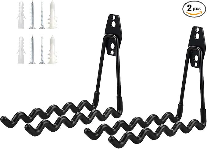 2 PCS Garage Storage Utility Hooks, Heavy Duty Metal Wall Mount Hooks, Wave Hook Garage Garden Tool Organizer, Fit for Cord, Badminton Rackets, Hoses, Bikes, Tools (Black)