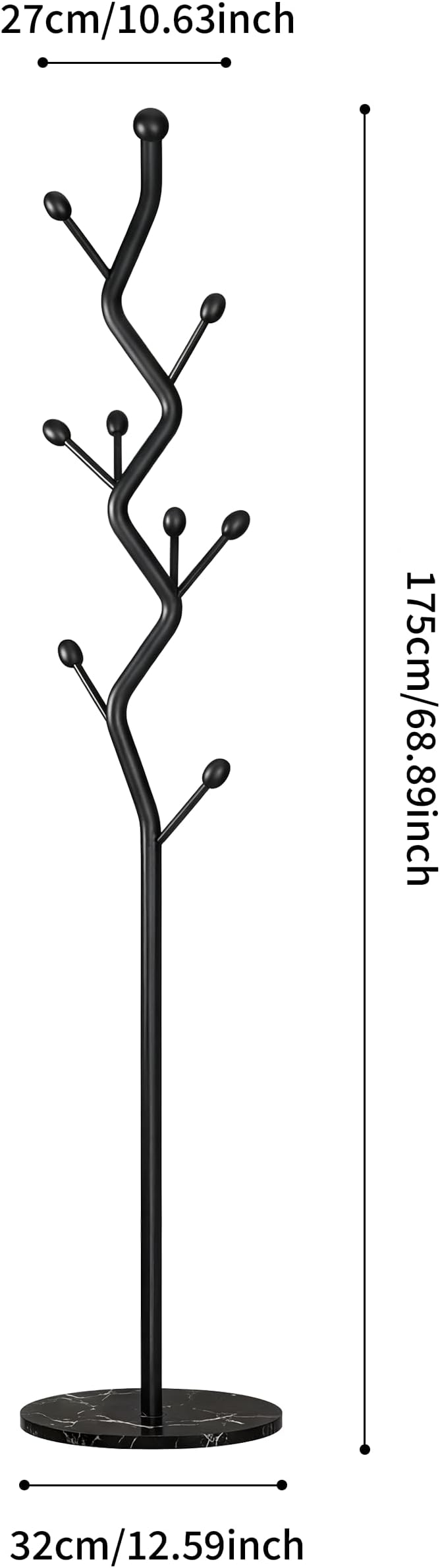 68.9 Inch Tall Modern Coat Rack,Black Freestanding Coat Rack Tree,Heavy-Duty Metal Coat Rack Freestanding with Sturdy Marble Base for Entryway,Hallway,Bedroom,Holds Coats Hats Bags Scarves