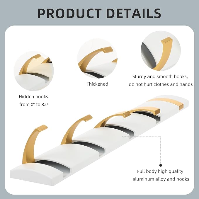 2 Pack Foldable Stylish Modern Hook Rack with 5 Hooks, Coat Hooks Wall Mount, Metal Coat Hook Rail for Coat Hat Towel Purse Robes Mudroom Bathroom Entryway (White and Gold)