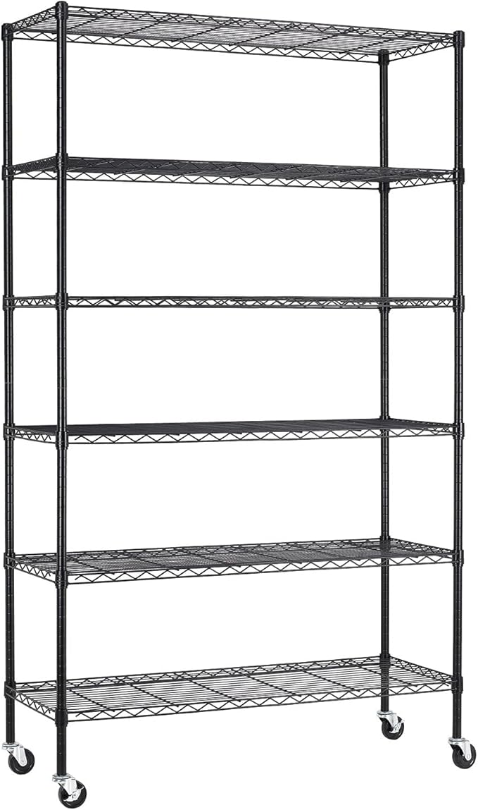BestOffice | 6-Tier Wire Shelf with Wheels | 45" x 18" x 82" | Black | Storage Shelves with Adjustable Racks, Holds upto 2100 lbs | Rust-Resistant, No-Tool Assembly | For Home, Garage