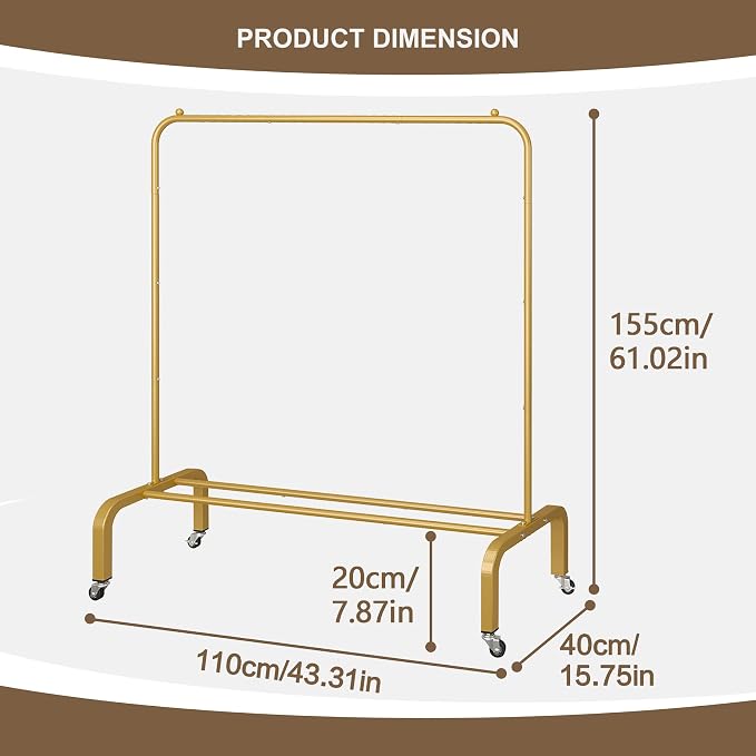 Metal Clothing Rack with Wheels 43.3 Inches Rolling Clothes Garment Coat Rack with Bottom Shelf Clothing Rack for Hanging Clothes Coats Skirts Shirts Sweaters Gold