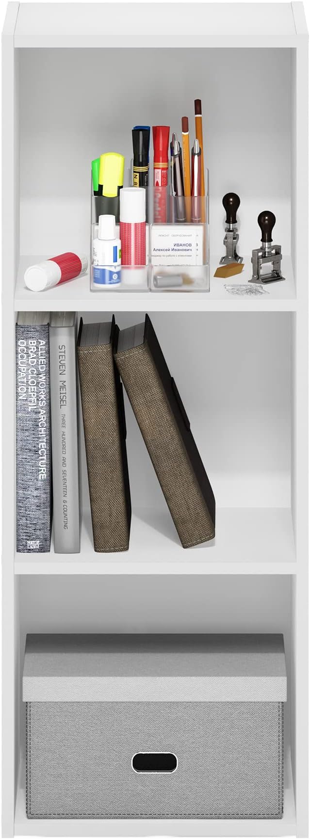 Furinno PASIR Book Shelf, 3-Tier Bookshelf, Easy Assembly Bookcase with Open Shelves, 9 x 12 x 32, for Living Room, Bedroom, Home Office, Plain White