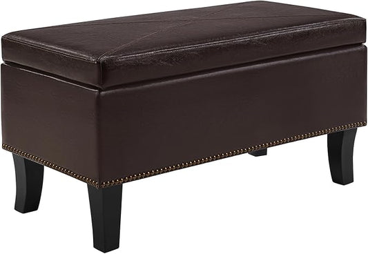 Convenience Concepts Designs4Comfort Winslow Storage Ottoman Bench 32" - Transitional Upholstered Footstool & Seat, for Living Room, Entryway, Hallway, & Bedroom, Espresso Vegan Leather
