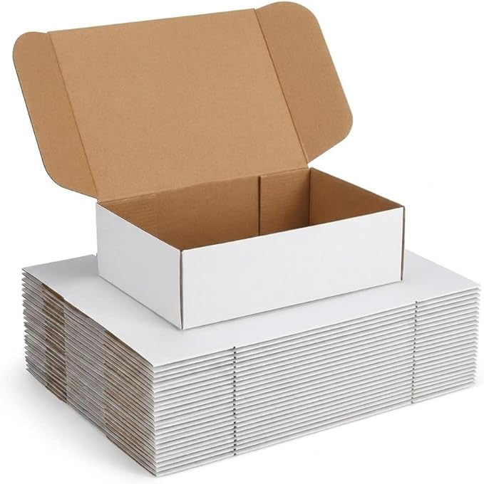 CRUGLA 12x9x3 White Shipping Boxes, 25 Pack Corrugated Mailer Boxes for Small Business Packaging, Quick Fold Cardboard Mailer with Round Seal Stickers