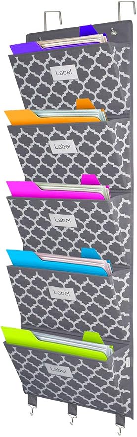 Over the Door File Organizer, Hanging File Folders, Wall Organizers and Storage for Mail, Magazine, Notebooks, Planners, Office, Classroom, 5 Extra Large Pockets (Grey Lantern Pattern)