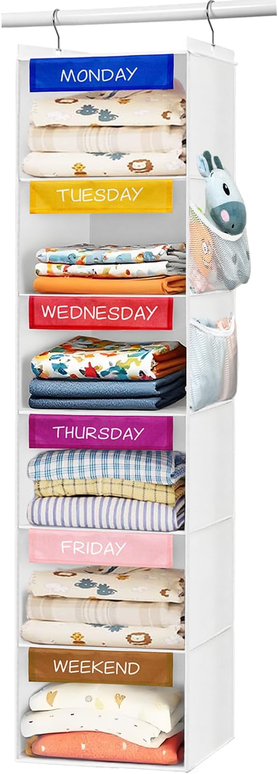 Weekly Clothes Organizer for Kids, 6-Shelf Hanging Closet Organizer with Colorful Labels, Space Saving Design with 2 Pockets, Daily Hanging Closet Shelves for Kids Room Storage, White