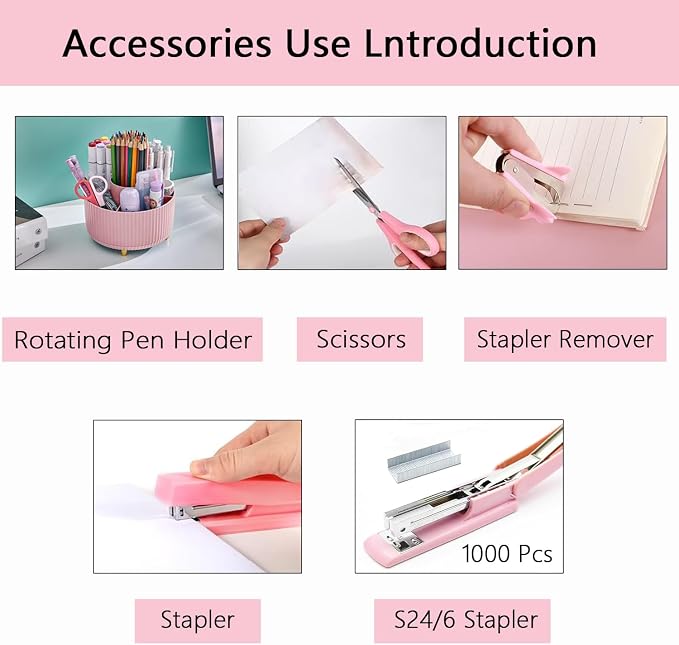 Office Supplies,Pink Desk Accessories,Office Supplies Set,Desk Organizer,Stapler,Tape Dispenser,Scissors,Staple Remover,Binder Clips,Staples,Ballpoint Pen,Index Tabs with Ruler,Clear Tape.10pcs