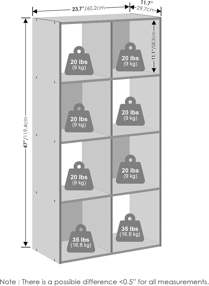 Furinno PELLI Book Shelf, 8-Cube Bookshelf, Horizontal Cube Storage Organizer Bookcase, 11.7 x 23.7 x 47, for Living Room, Bedroom, Home Office, White