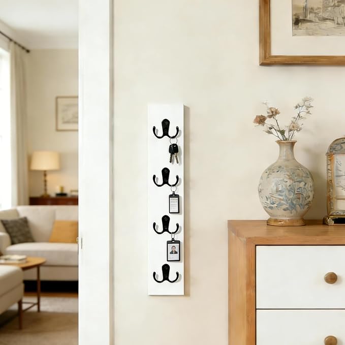 Vertical Key Holder for Wall Mounted Vertical Wooden Key Rack Organizer with Hooks-Space-Saving Key Rack for Apartment, Dorm, RV, Leash & Coat Hanger (White)