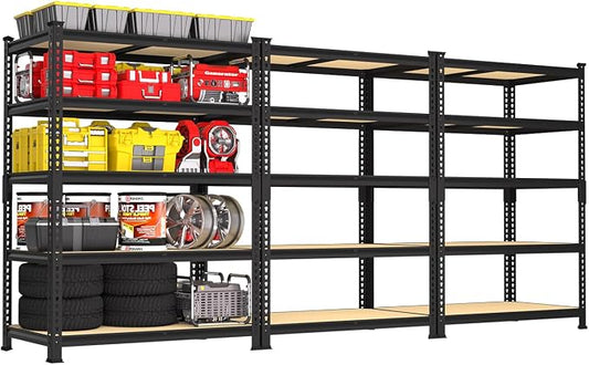 PrimeZone 5-Tier Garage Storage Shelves, Adjustable Metal Shelving, Black | 36" x 16" x 72", Heavy-Duty Metal Frame & Connectors, FSC MDF Boards, 2000 LBS Storage for Garage, Pantry & Closet, 3 PCS