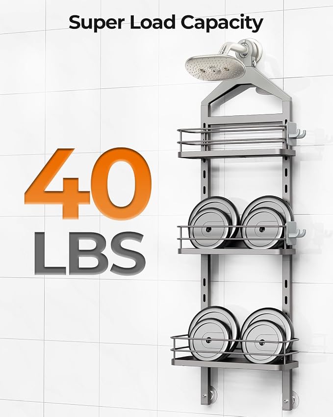 ODesign 3 Tier Adjustable Shower Caddy Hanging Over Head Anti-Swing Grey | Shower organizer hanging,no drilling required,comes with removable hook and storage box, suitable for indoor showers