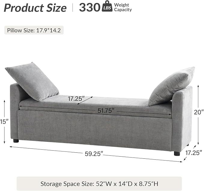 HULALA HOME 59" Storage Bench with 2 Throw Pillows & Armrests, Grey | Modern Long Bedroom Bench for End of Bed, Comfy Upholstered Fabric Footstool for Entryway Living Room