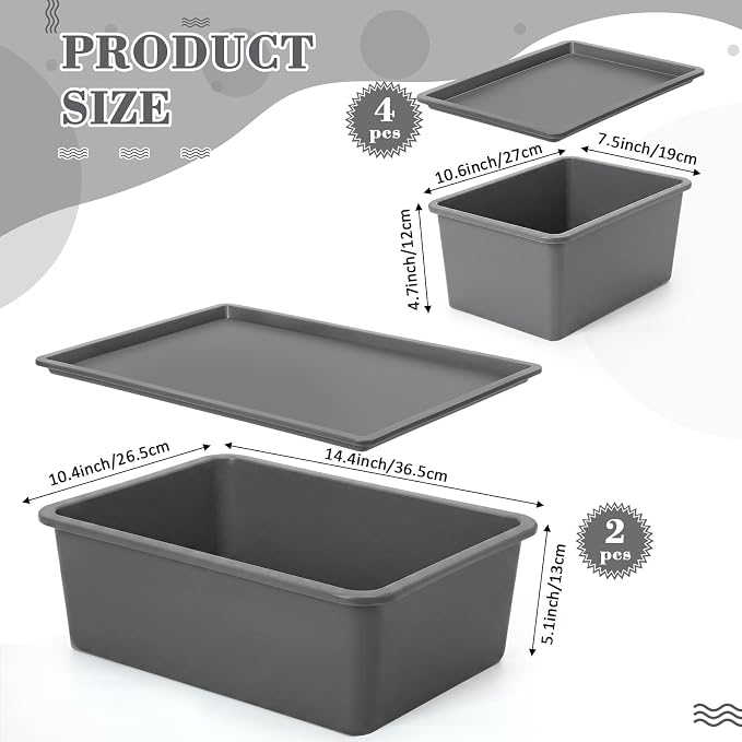 6 Pcs Plastic Storage Bins with Lids Stackable Storage Containers Durable Box Baskets for Organizing Shelves Playroom Classroom Office (Large and Small,Grey)