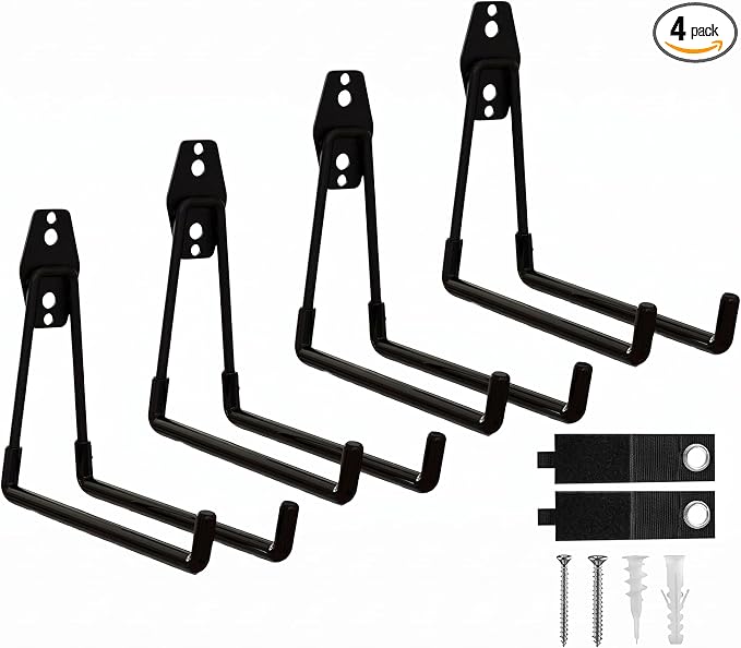 Garage Hooks, 4 Pack 7.7inch Large Square Wall Hooks for Hanging Heavy Duty Ladders, Bikes, Tools Ideal for Garage, Garden, Basement Utility Room Storage (Black)