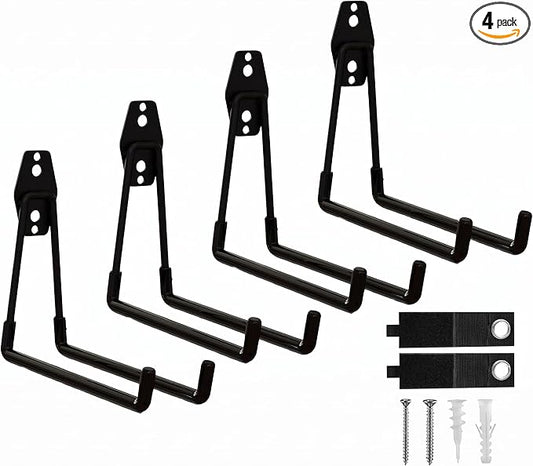 Garage Hooks, 4 Pack 7.7inch Large Square Wall Hooks for Hanging Heavy Duty Ladders, Bikes, Tools Ideal for Garage, Garden, Basement Utility Room Storage (Black)