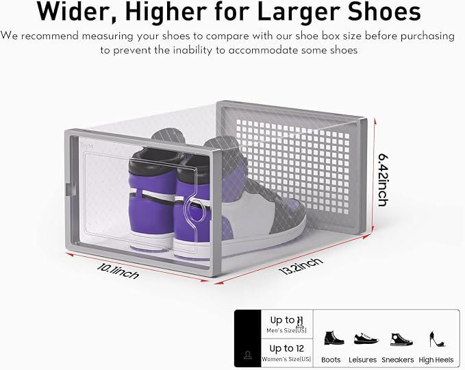 Kuject X-Large Shoe Storage Boxes 12 Pack, Clear Stackable Shoe Organizer | Shoe Case for Closet, Entryway & Under-Bed Storage, Drop-Front Design, Space-Saving Solution for Family Organization,Grey