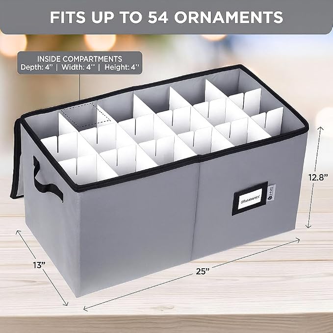 Christmas Ornament Storage Container with Dividers - Box Stores Up to 54 Ornaments, Zippered, Convenient, Adjustable, Large Organizer Bin to Protect Holiday Décor, Fits Most Standard Size, Grey