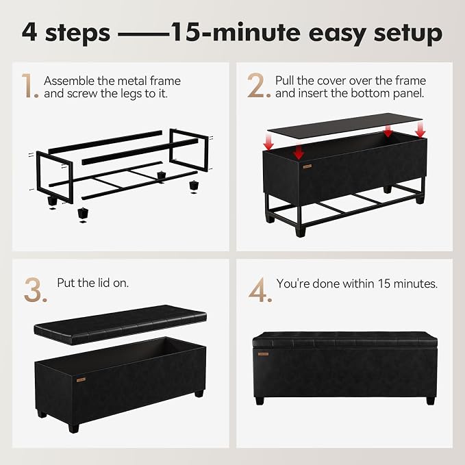 ABHENG Synthetic leather Storage ottoman bench with legs,43.5”W x 15.7”D x 15.7”H,metal frame end of bed bench hold up to 770 LB,Large Storage Chest hold up to 770 LB,Black UASND622B