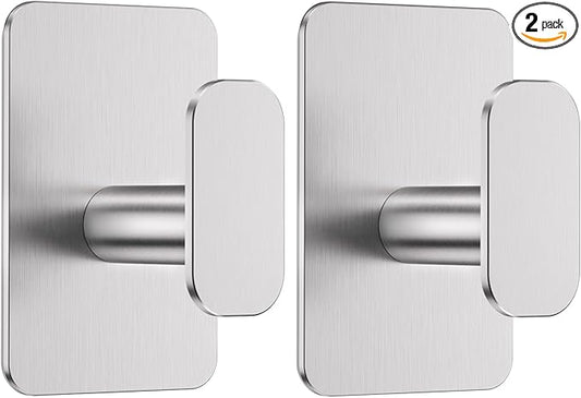Large Heavy Duty Wall Hooks - 26lb Max, Stainless Steel Adhesive Towel Hooks for Hanging Towel, Coat, Robe, Hat, Sticky Towel Holder for Wall Mount in Bathroom, Shower, Kitchen(Silver, 2 Pack)