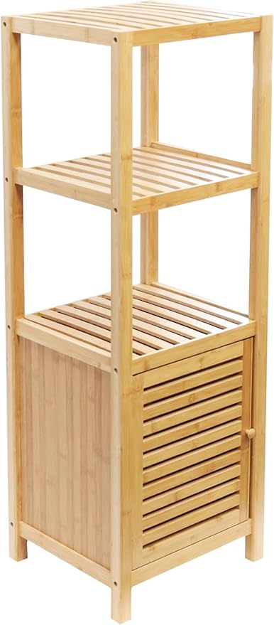 RoyalHouse Bamboo 3-Tier Floor Organizer with Shutter Door, Freestanding Storage Tower for Bathroom, Bedroom, Kitchen, Laundry Room – Eco-Friendly Natural Bamboo