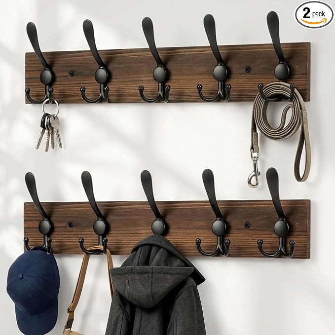 Wooden Coat Rack Wall Mount Heavy Duty, 2 Pack Coat Hanger Wall Mount with 5 Triple Hooks for Clothes, Jacket, Hat, Keys, Space Saving Entryway Organizer for Mudroom (‎Brown Plate & Black Hooks)