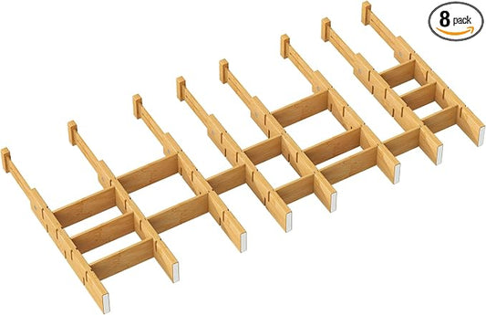 kiplant Bamboo Drawer Dividers - Adjustable Drawer Dividers for Kitchen, Clothes, Closet & Office - 8 Pack with Inserts, 13.8-18.8 Inches, Non-Slip Silicone Ends