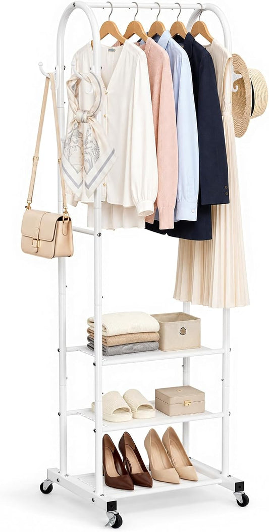 Cesun Heavy Duty Clothes Rack with 3-Tier Mesh Shelves & 8 Hooks, White | Space-Saving Design, Lockable Wheels, Easy Assembly, Stainless Steel, Small Garment Rack for Entrance/Bedroom/Living Room