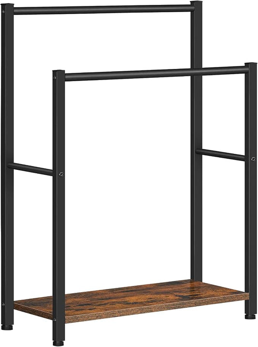 HOOBRO Free Standing Towel Rack for Bathroom, 22" L x 9.4" W x 31.5" H, 2 Tier Blanket Rack, Blanket Holder, Drying and Display Rack with Shelf, Rustic Brown and Black BF04LB01