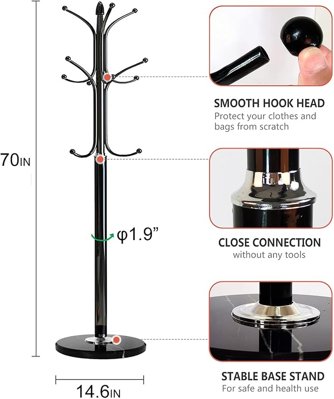 Kertnic Freestanding Coat Rack Stand, Heavy Duty Metal Hall Tree with 12 Hooks, 70 Inch Tall Stable Coat Hanger with 14.6" Natural Marble Base, Entryway Organizer for Coats Bags Hats Purses (Black)