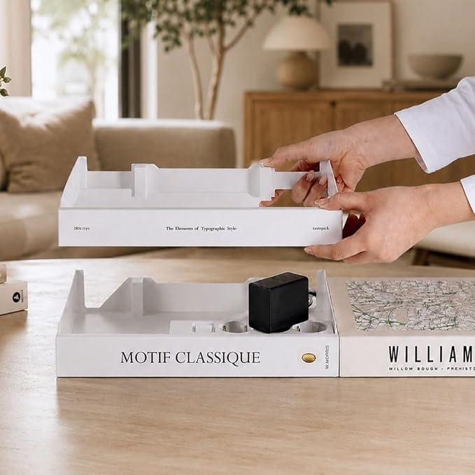 Book Shape Decorative Cable Management Box - Expandable Cable Organizer Box with Magnetic Closure for Home & Office (Love Finds, Large Set)