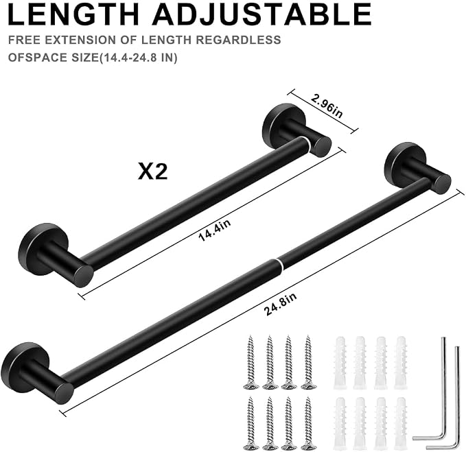 MGahyi Towel Racks for Bathroom-Adjustable Towel Holder(13.18inch-24inch) Sturdy and Rustproof Towel Bar Wall Mounted, Single Towel Bar Rod for Bathroom Accessories(2Pcs,Black)