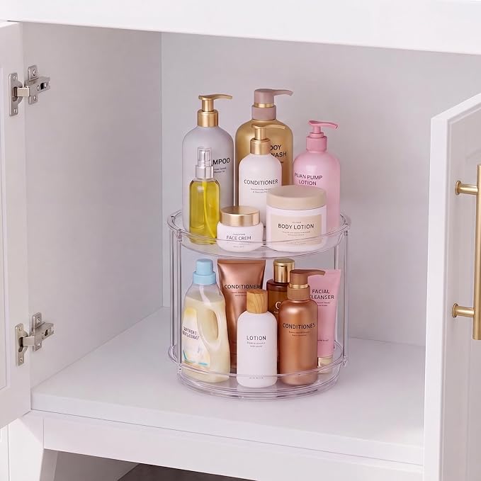 Rotating Makeup Organizer for Vanity, Skincare Holder with 2 Tier Tray | Spinning Bathroom Counter Organizer with Easy Assembly & Non-Slip Base, Stable Vanity Tray for Perfume, Cosmetics, Hair Care
