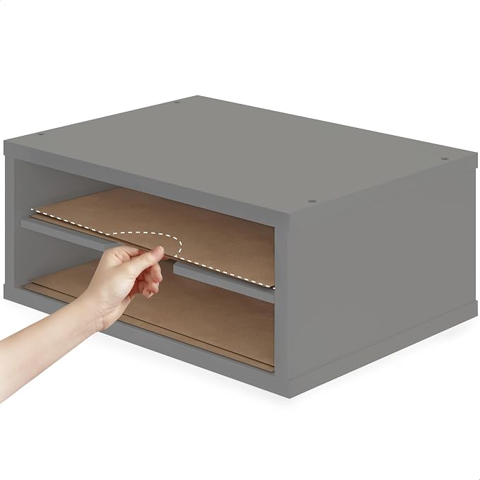 Ballucci File Organizer, 2-Tier Document Paper Sorter, Stackable Wood Desk Organizer Mail Holder, Monitor Stand with Storage Shelves, Gray