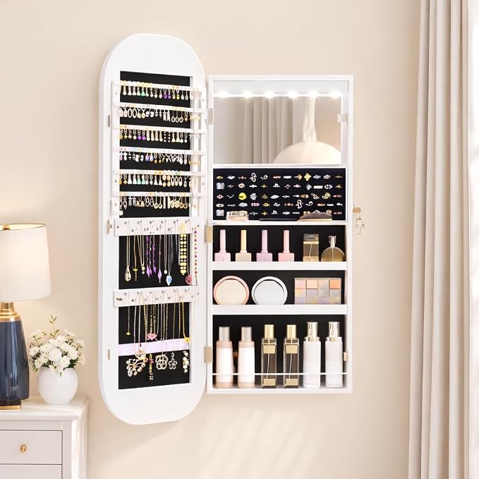 LED Mirror Jewelry Cabinet, Over the Door Jewelry Armoire Organizer | 42" Full Length Mirror with Storage, Built-in Makeup Mirror, Lockable Wall Mounted Jewelry Mirror for Women, Girls, White