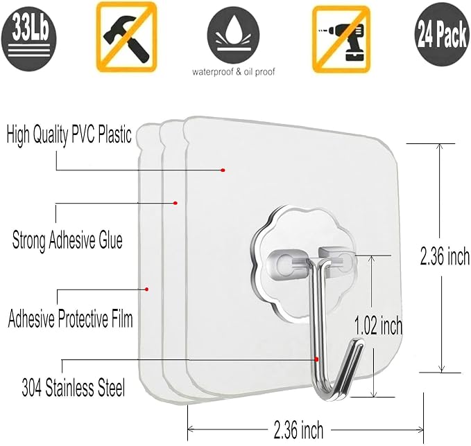 Jwxstore 12 Pack Adhesive Wall Hooks 33LB Heavy Duty No Drill Transparent Waterproof Hooks for Bathroom Kitchen Towel Coat Office Home Outdoor