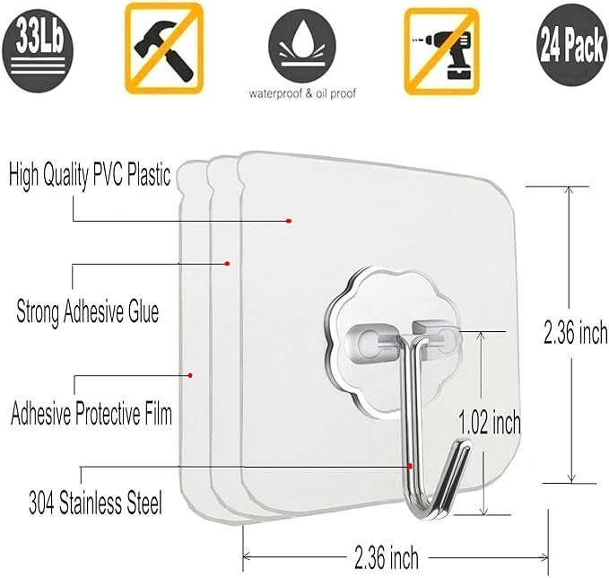 Jwxstore 24 Pack Adhesive Wall Hooks 33LB Heavy Duty No Drill Transparent Waterproof Hooks for Bathroom Kitchen Towel Coat Office Home Outdoor
