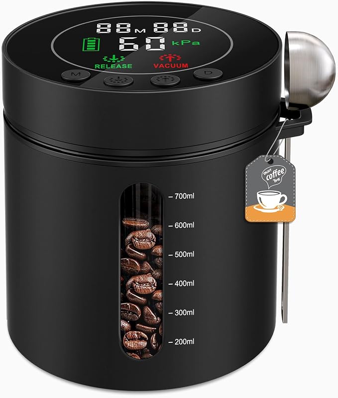 Automatic Vacuum Coffee Canister, 0.8L Coffee Container with LED Display | Smart Pressure Sensor,Window,Scoop Rechargeable Airtight Electric Coffee Bean Storage for Home Kitchen Ground Food Storage