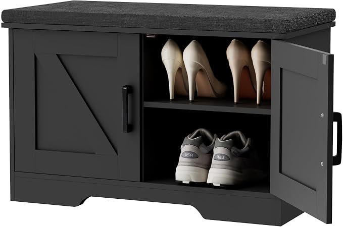 HOMSHO Farmhouse Shoe Storage Bench with 2 Barn Doors & Padded Seat Cushion | 27.6" Wide Entryway Bench with Adjustable Shelves & Hidden Storage, Black